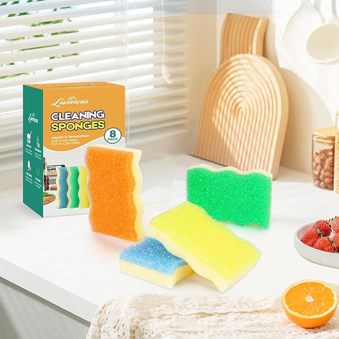 LAUNDRYLUX Scrub Sponge, 8 Pack Dual-Sided Temperature-Responsive Scrubber - Non-Scratch - Multipurpose Dish Sponges for Kitchens, Bathrooms, and Outdoor Use - Wave-Shaped
