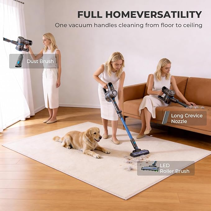 EPROEON Cordless Vacuum Cleaner, 23Kpa 300W Stick Vacuum with Foldable Tube, 45 Mins Runtime, LED Headlight, HEPA Filter, Wall-Mounted Storage, 3-in-1 for Carpet and Hard Floor