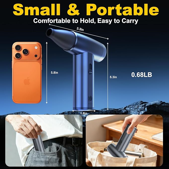 Metal Electric Compressed Air Duster, 300000RPM Brushless Motor with Stepless Speed, Rechargeable Cordless Mini Blower for Computer Keyboard Cleaning, Car Detailing, House and Outdoor Use(Black)
