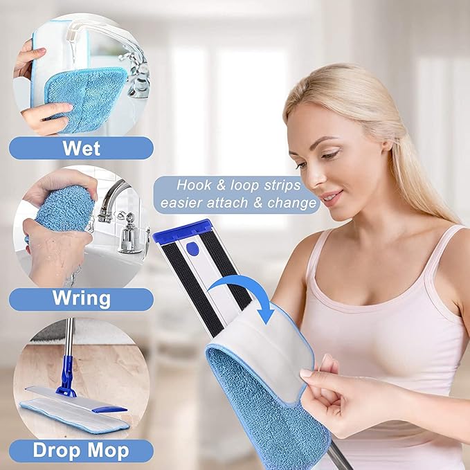 Professional 18" Microfiber Mop - Flat Mop with Stainless Steel Handle, 2 Reusable Washable Pads, Hardwood & Laminate (Blue)