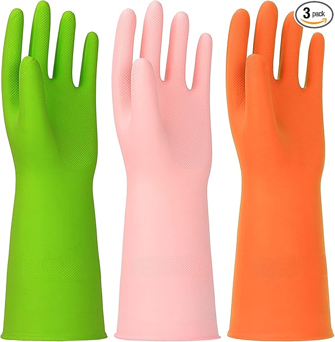 3 Pairs Rubber Cleaning Gloves Latex Free Dishwashing Gloves - 13" Reusable Nitrile Gloves Medium, Green+Pink+Orange