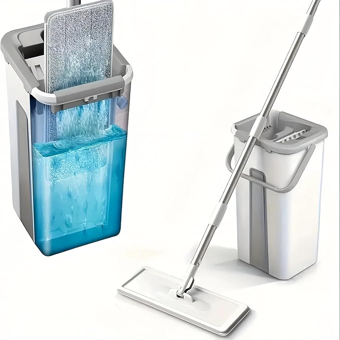 Mop and Bucket with Wringer Set, Hands Free Flat Mops for Floor Cleaning, Wet and Dry Use, Wall Mop Cleaner with 3 Washable Microfiber Pads for Bathrooms, Bedrooms, Living Rooms, Kitchens