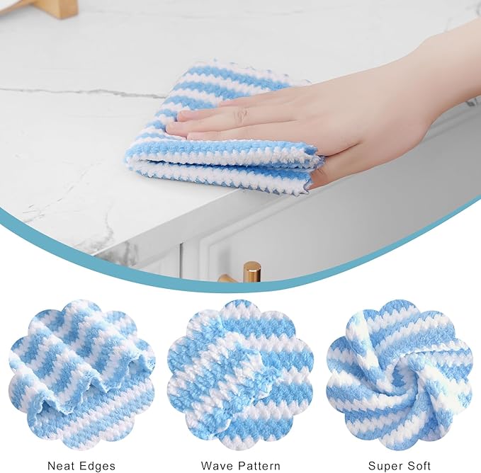 Homaxy 24 Pack Kitchen Dish Cloths, Ultra Soft and Absorbent Dish Towels, Reusable Fast Drying Microfiber Cleaning Cloth, Coral Velvet Wave Design No-lint, 10 x 10 inches, Blue
