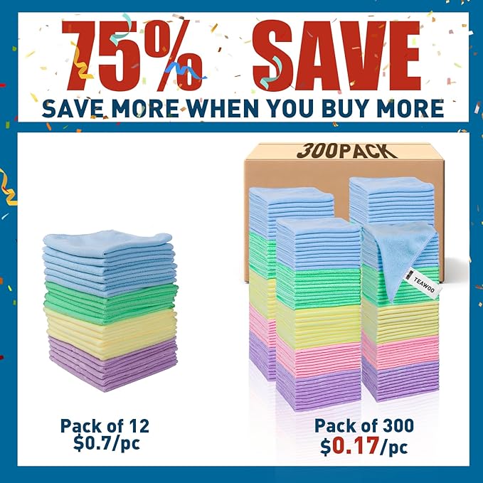 Microfiber Towels Bulk-300 Pack, Cleaning Cloths, Microfiber Towels for Cars, Cleaning Rags 5 Colors Assorted (12x12 inches)