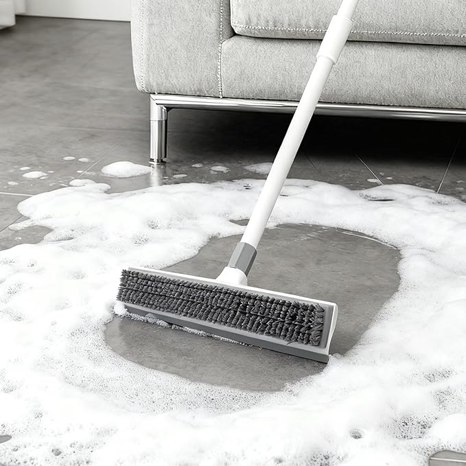 Floor Scrub Brush with 60-Inch Handle Length Adjustable, 2-in-1 Push Broom with Squeegee, Floor Scrubber Broom Stiff Bristles for Cleaning Bathroom, Kitchen, Tile, Deck, Patio, Garage