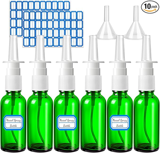 10 Empty Nasal Spray Bottles, 30ML/1oz 6 Refillable Glass Bottles with Funnels and Labels