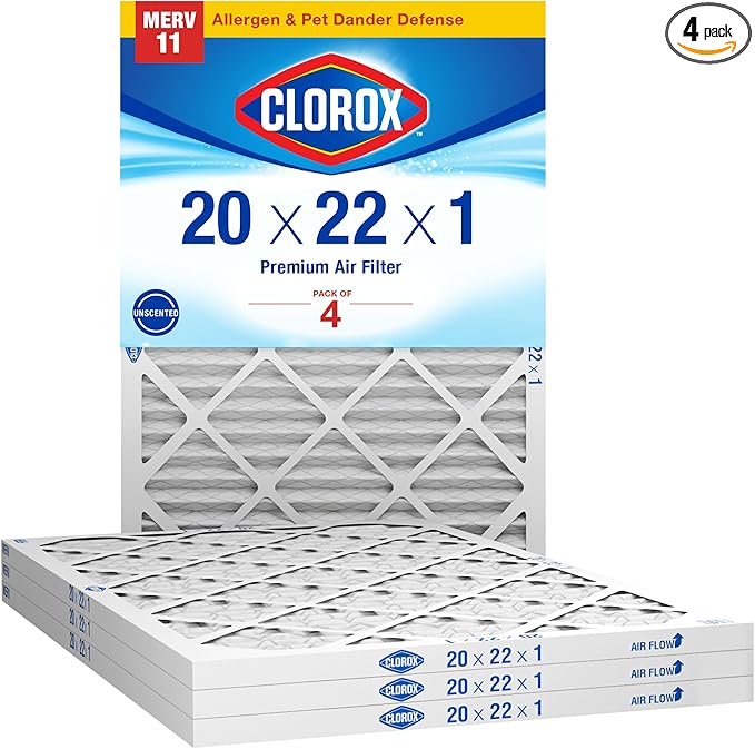 Clorox 20x22x1 Air Filter, MERV 11 Pleated HVAC AC Furnace Air Filters, MPR 1000 & FPR 7 – Pack of 4