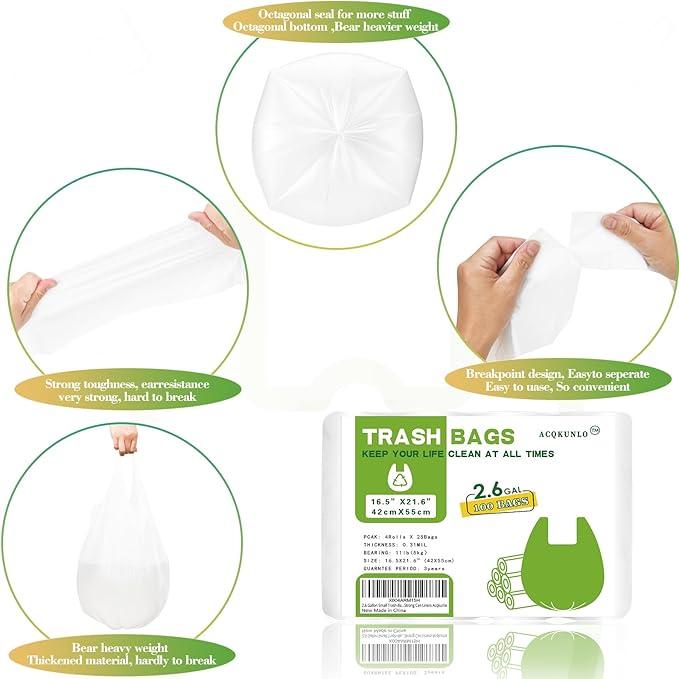 2.6 Gallon Small Trash-Bags Bathroom With-Handles - Kitchen White Garbage Bag 100 Count Little Plastic Unscented Waste Basket Office Car Thick Strong Can Liners Acqkunlo