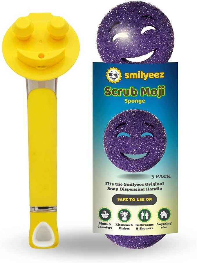 The Original Smiling Handle for Scrub Daddy (Reg. TM) Sponge and Scrub Moji Sponge - (Yellow Handle) & 3 Purple Scrub Moji's