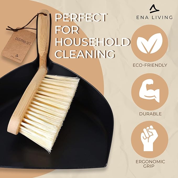 ENA Living Bamboo Dust Pan & Brush Set, Portable Dustpan & Brush, Perfect For Household Cleaning, Sturdy & Effective Dust Pan, Bamboo Sweeping Brush - Standard