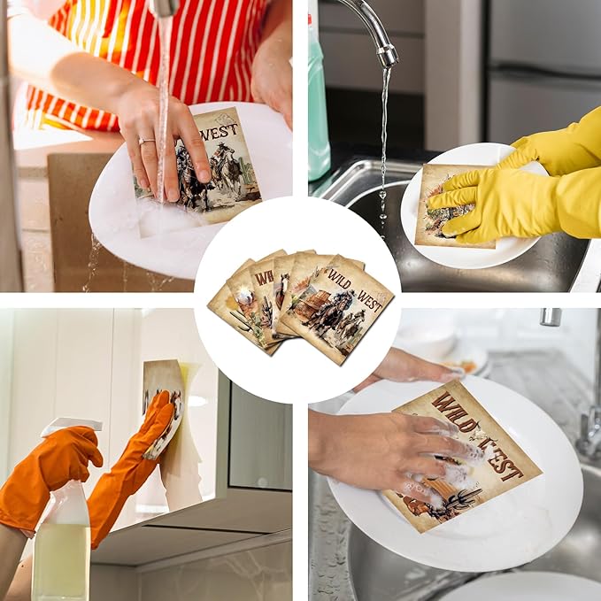 Western Cowboy Swedish Dishcloths for Kitchen, 6 Pcs Reusable Horses Swedish Dish Cloths, Absorbent Sponge Cleaning Dish Cloths for Farmhouse Kitchen Cooking Home Decoration Housewarming Gifts