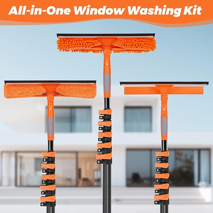 Msnaile Window Washing Kit with Extension Pole 4.7 to 24FT, Long Squeegee for Window Cleaning Indoor Outdoor, Carbon Fiber Telescopic Pole for Window Cleaner Tool with Microfibre Pad & Chenille Cloth