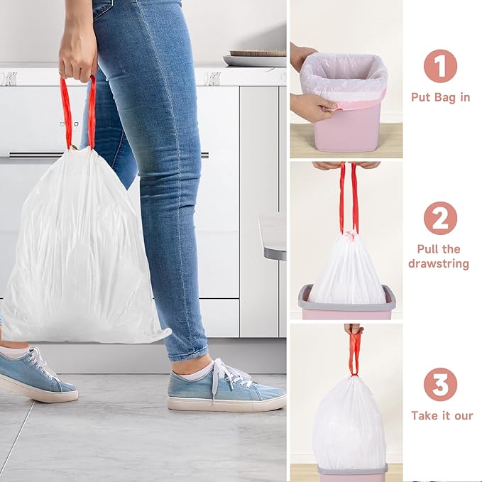 Small Trash-Bags-Bathroom 4 Gallon Drawstring Garbage-Bag - Kitchen Bedroom Car Size Unscented Clear White 90 Count Recycle Plastic Tall Liners for Office Outdoor Garden Waste Basket Can Heihaily