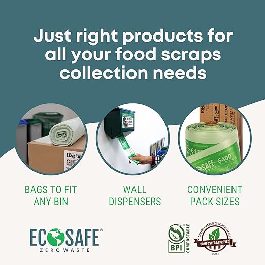 EcoSafe-6400 HB1617-6 Certified Compostable Bag - Small 16x17” Green Bags for 2.5 Gallon Bin - Extra Strong Leak, Puncture and Tear Resistant Food Scraps Bin Liners, Pack of 720