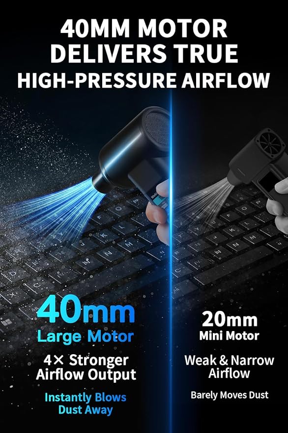Instant Dust Removal – Electric Air Duster 130000 RPM, 40 mm Motor, 8000 mAh Battery & 30 W Fast Charge, TFT Screen, 300-Speed Control, Rechargeable Compressed Air Blower for PC & Electronics