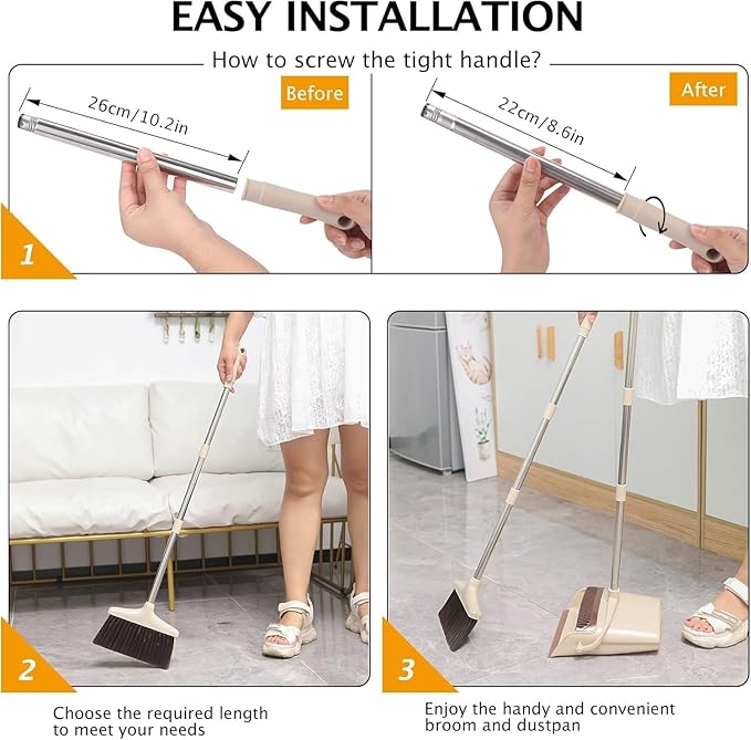 XXFLOWER Broom and Dustpan Set with Long Handle, Light Weight Stainless Steel Poles Stand Upright Dustpans with Broom Combo for Home Kitchen Office Pet Dog Hair, Brown & Beige Color, 1-Pack