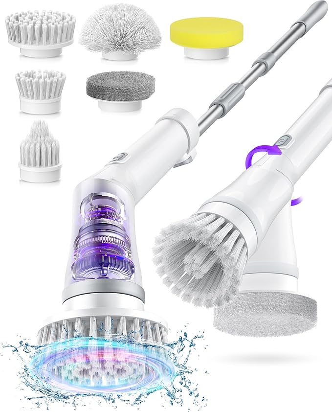 NBONEBS Electric Spin Scrubber, Cordless Shower Scrubber Rotary Floor Brushes & Pad Drivers with 6 Brush Heads - 2H Dual Speed, IPX7 Waterproof Extension Handle for Bathroom Tile Car Cleaning (White)