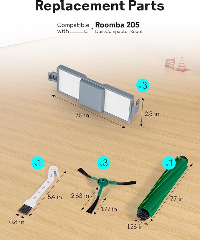 Leemone 8 Pcs Replacement Parts for iRobot 205 DustCompactor Vac Robot Vacuum, 205 Accessories Kit with 1 Main Roller Brush, 3 Filters, 3 Side Brushes, 1 Cleaning Brush