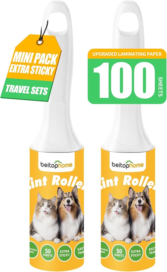 Mini Lint Roller Extra Sticky for Pet Hair, 2 Pack with 100 Sheets Each, Small Travel Size Pet Hair Roller and Lint Remover for Clothes, Dogs, Cats, Carpet, Furniture