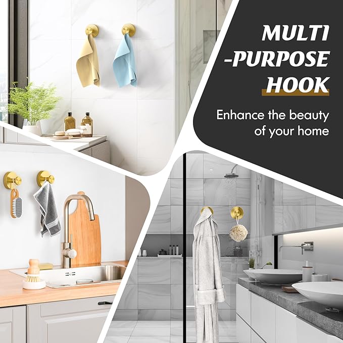 MOTAIPEAK Suction Cup Hooks for Shower,Removable Shower Towel Suction Hooks for Bathroom Wall,Kitchen,Glass,Mirror,Tile to Hang Robes,Loofah-Gold(2-Pack)