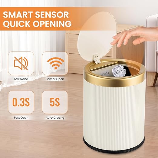 Pukomc Bathroom Trash Can with Lid，3.5 Gallon Motion Sensor Waterproof Touchless Garbage Can, Smart Plastic Trash Bins Suitable for Kitchen, Bathroom, Bedroom, Living Room, Office Beige