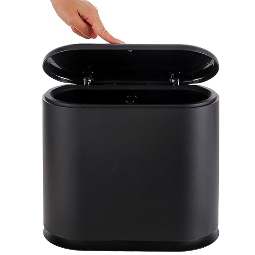 Black Slim Rectangular Plastic Trash Can with Press Type Lid,12 Liter / 3.2 Gallon Narrow Trash Bin with Pop-up Lid for Toilet,Bedroom,Bathroom,Office,Kitchen,Powder Room