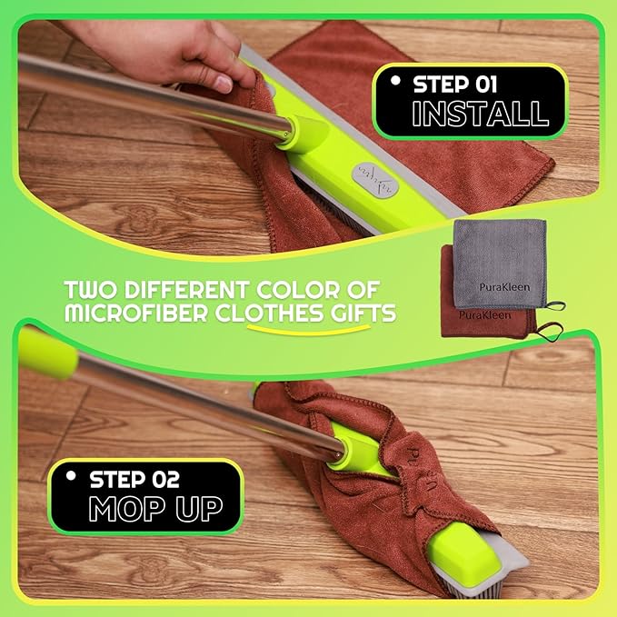 PuraKleen Carpet Rake for Pet Hair Removal with 61" Long Handle, 2 Microfiber Clothes, Squeegee & Pet Silicone Brush,4 in 1 Green Multi-Surface Hair Remover for Rugs,Carpets,Floors, Tiles, Couches