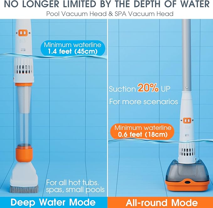3 in 1 Rechargeable Pool & Spa Hot Tub Vacuum Cleaner - Dual Mode & Magnetic Drive System, 25µm Ultra Fine Mesh Filters for Hot Tub, Small Above Ground Pools, 60 Mins (Orange)
