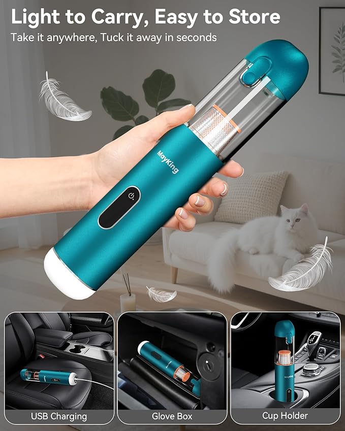 Mayking 5-in-1 Car Vacuum Portable Cordless, Handheld Vacuum with White LED & Red Flash, 115W 18000Pa High Power, 3 Suction Modes, Mini Vacuum Cleaner with LED Display for Car Home Keyboards