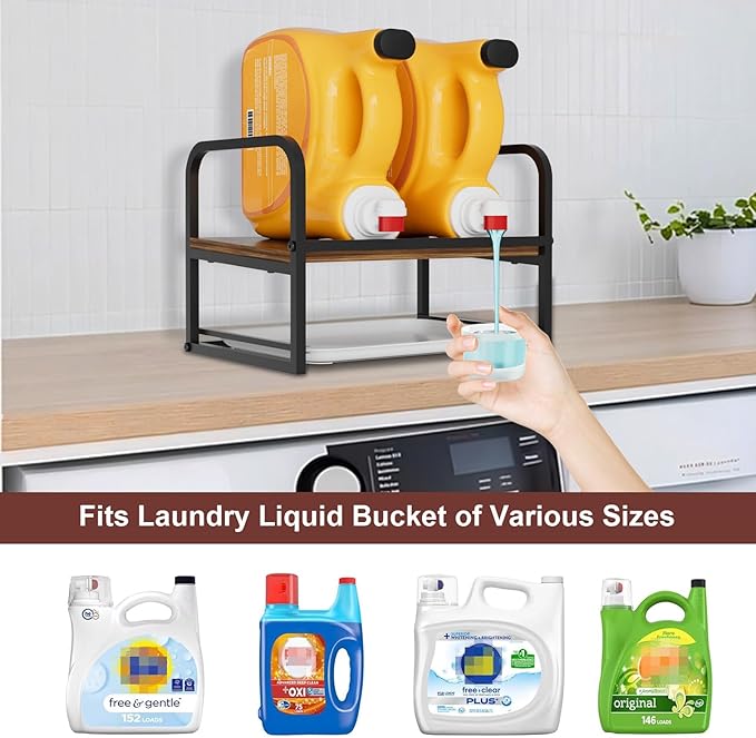 Laundry Detergent Holder, Wooden Laundry Detergent Holder Stand, Metal Laundry Liquid Detergent Organizer with Drip Tray for Laundry Room Organization and Storage, Black