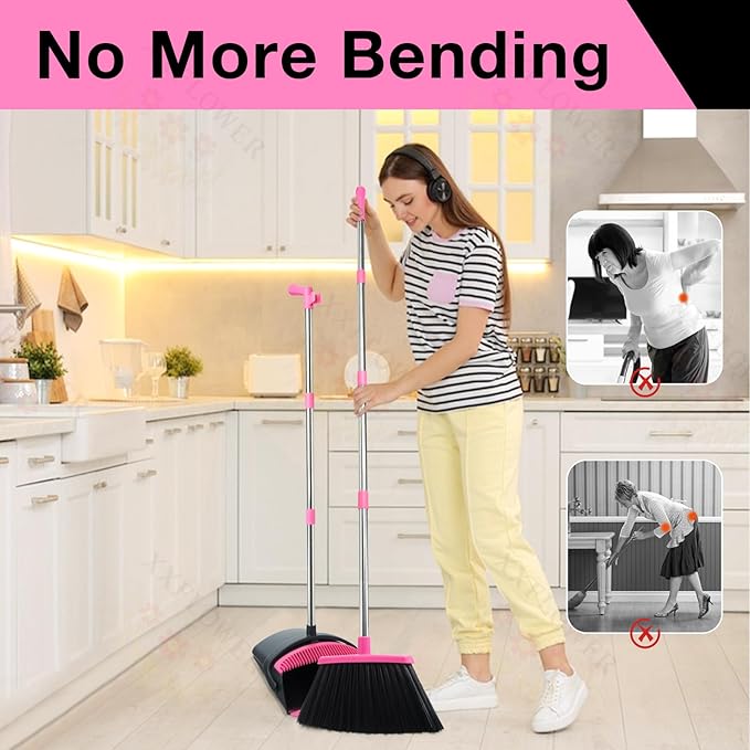 XXFLOWER Broom and Dustpan Set, Long Handle Lightweight Dustpans with Broom Combo for Home, Indoor&Outdoor Sweeping for Home Room Kitchen Office Lobby (Black Pink)