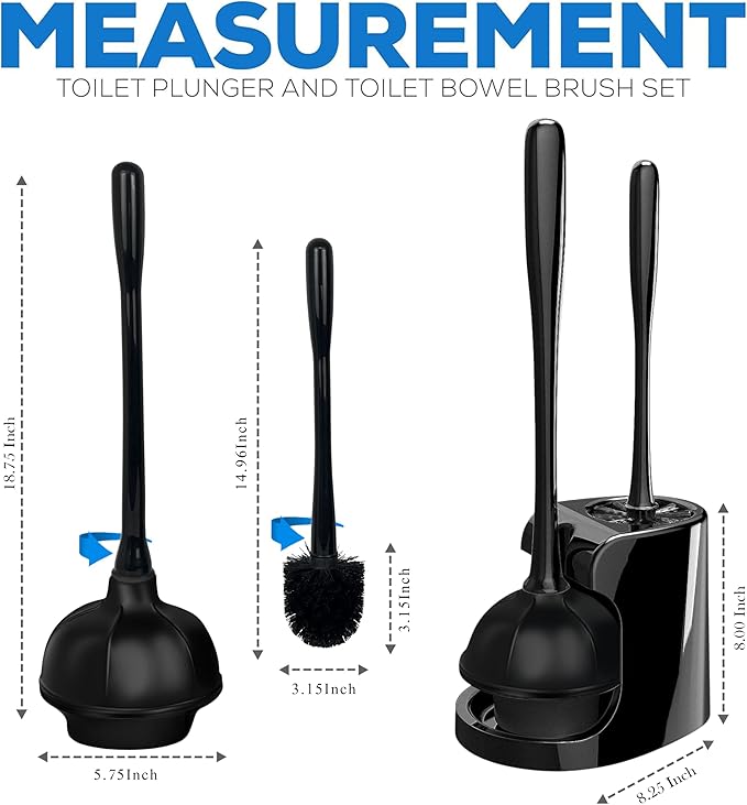 2 in 1 Toilet Brush and Plunger Set - Toilet Brush with Solid Handle, Stand and Holder for Deeply Cleaning in Bathrooms - Plastic Toilet Brush and Holder Set in Black