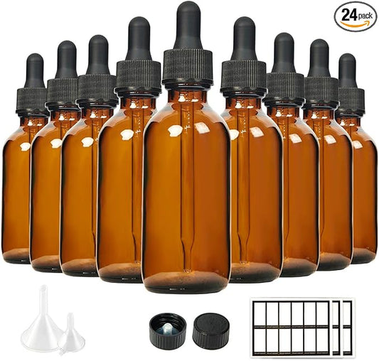 Eternal Moment 2 oz Eye Dropper Bottle(24 Pack), 60ml Amber Glass Bottles with Glass Eye Dropper for Essential Oils, Chemistry Lab Chemicals, Colognes & Perfumes