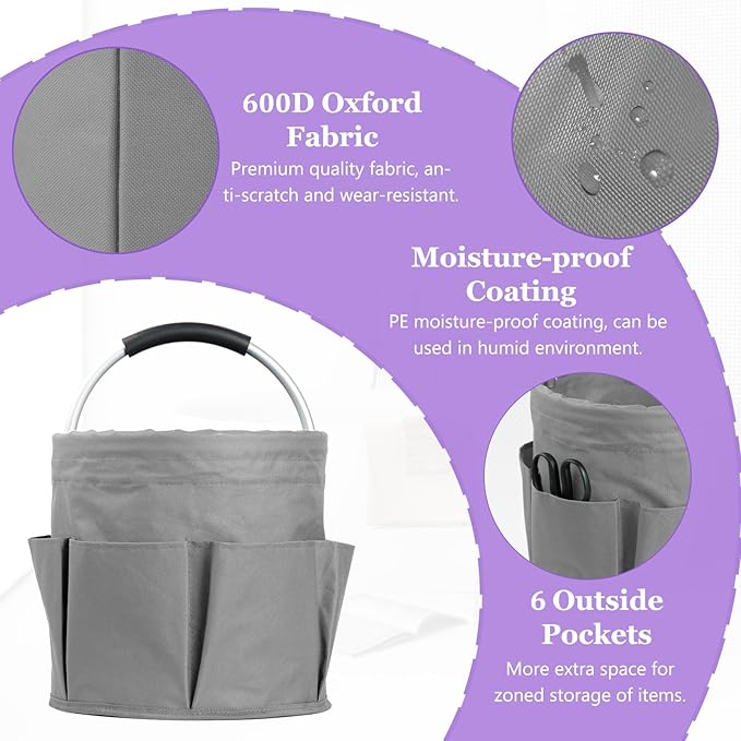 2Pcs Cleaning Caddy with Handle and 6 Pockets, 17L Foldable Cleaning Supply Caddy, Portable Shower Caddy in 600D Oxford Fabric, Multifunctional Storage Basket for Camping, Garden, Dark Gray