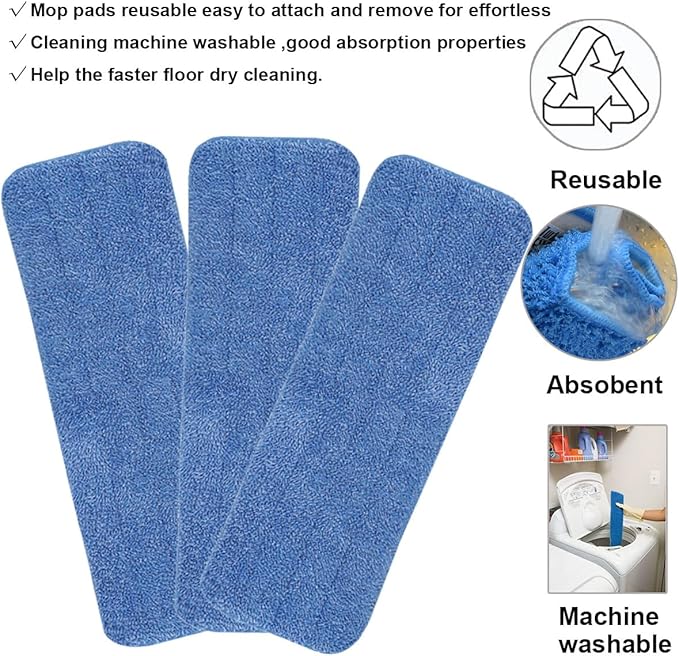 HZSOOCH 10 Pack 18 Inch Spray Mop Replacement Heads for Wet/Dry Mops, Reusable Microfiber Mop Pads Compatible with Bona Floor Care System - Blue