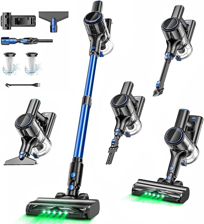 OUYFHK Cordless Vacuum Cleaner, 45000Pa/450W/50Mins Vacuum Cleaners for Home, 8-in-1 Stick Vacuum with LED Screen, Anti-Tangle, Lightweight Rechargeable Vacuum for Carpet Pet Hair Hardwood Floor Blue