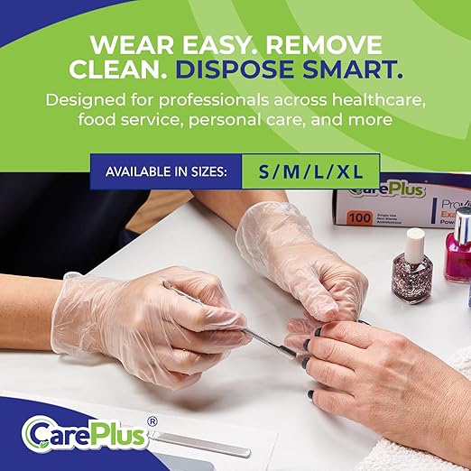 CARE PLUS Vinyl Gloves Clear Large Size 200 Count | Heavy Duty, Non-Sterile, Powder-Free, Latex-Free Rubber | Food Prep, Kitchen & Cleaning Gloves, Ideal for Professional Use