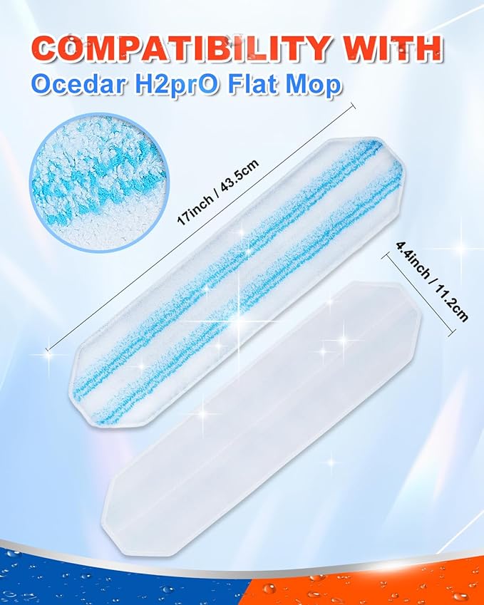 Mop Replacement Pads Compatible with Ocedar H2 Pro Flat Mop System Refills Mop Heads Replacements Washable Reusable Microfiber Mop Heads Replacement Compatible Ocedar H2 Pro Mop System, 2 Pack