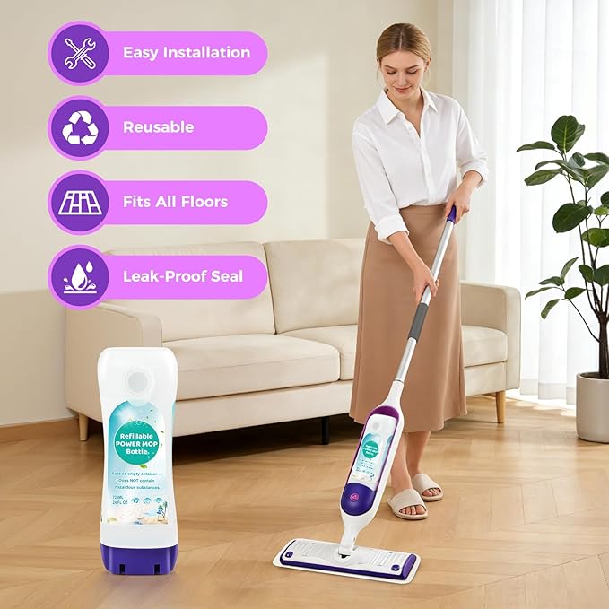 YFUARY Refillable Solution Bottle for Swiffer Power Mop, 720ML/24 FL OZ Leak-Proof Reusable Empty Cleaner Container, Universal Fit for Any Liquid Cleaner, Easy Install
