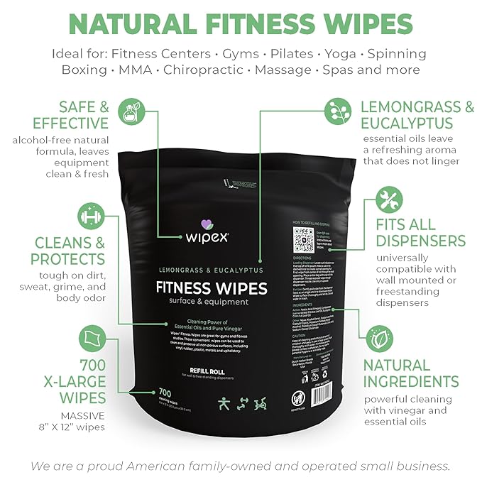 Wipex Plant Based Gym Wipes Dispenser Refill - 700 Count Fitness Equipment Wipes (Original Lemongrass + Bucket, 700 Count (Pack of 2 + Bucket))