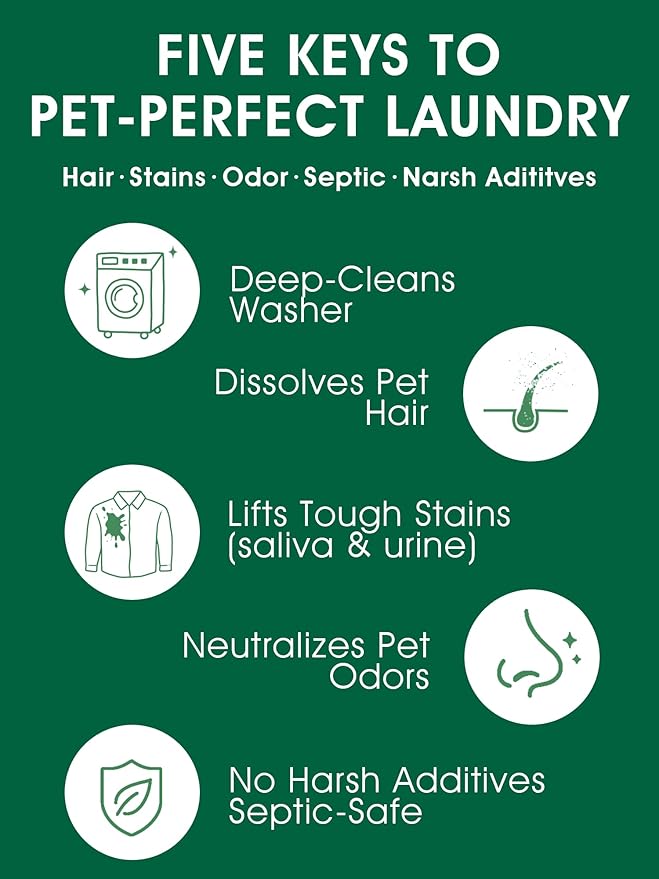 Pet Hair Remover for Laundry - Dog & Cat, Upgraded Higher Hair Dissolution, Detergent + Stain Remover, 6-Month Supply, HE/Top/Front-Load Compatible, Removes Residue & Odors, Septic Safe