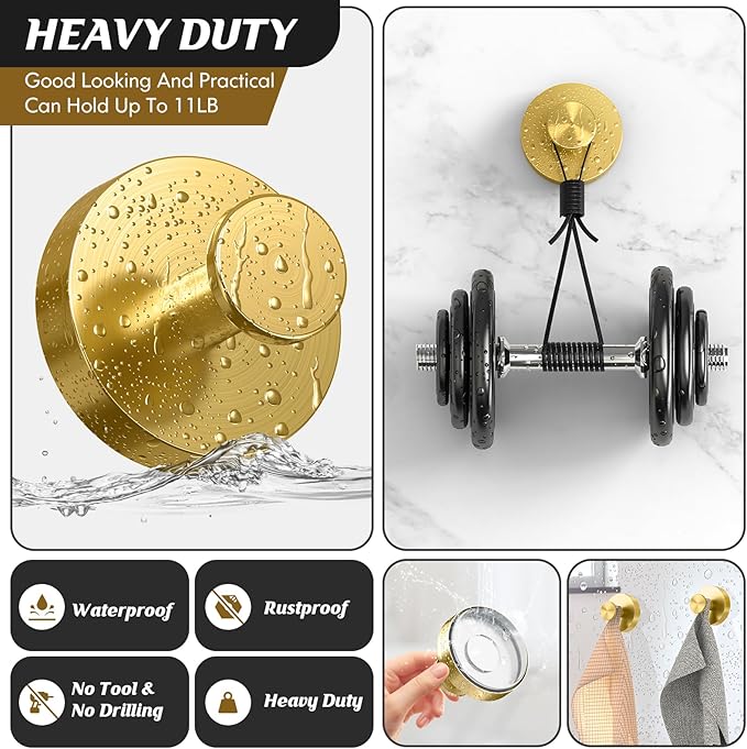 MOTAIPEAK Suction Cup Hooks for Shower,Removable Shower Towel Suction Hooks for Bathroom Wall,Kitchen,Glass,Mirror,Tile to Hang Robes,Loofah-Gold(2-Pack)