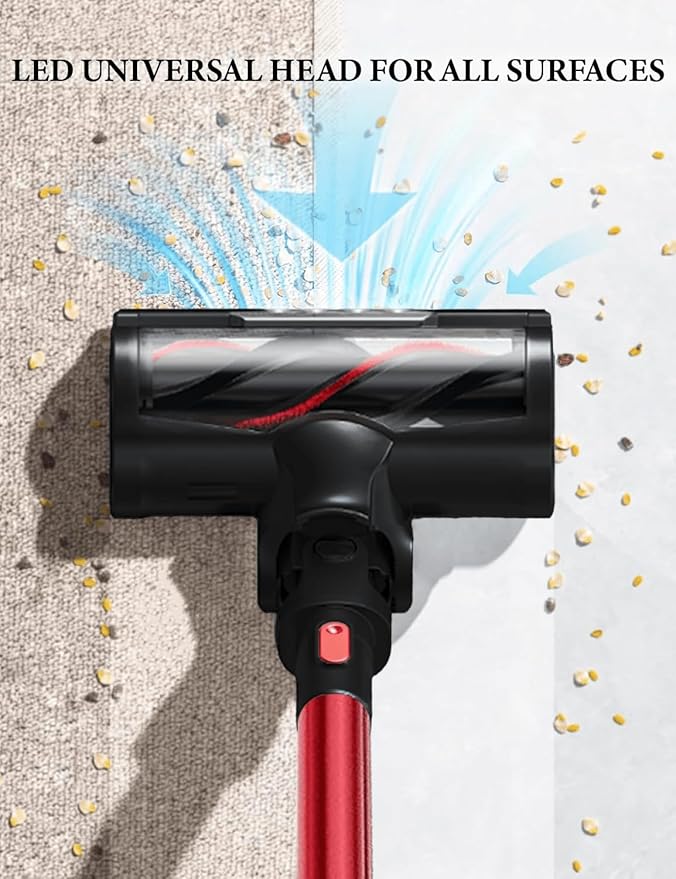 VYKLO V8 Cordless Vacuum Cleaner, Powerful Suction Stick Vacuum, 55Mins Runtime, Wireless Lightweight Handheld Vacuum Cleaner for Home, Hardwood Floor, Carpet, Car, Pet Hair Cleaning (Red)