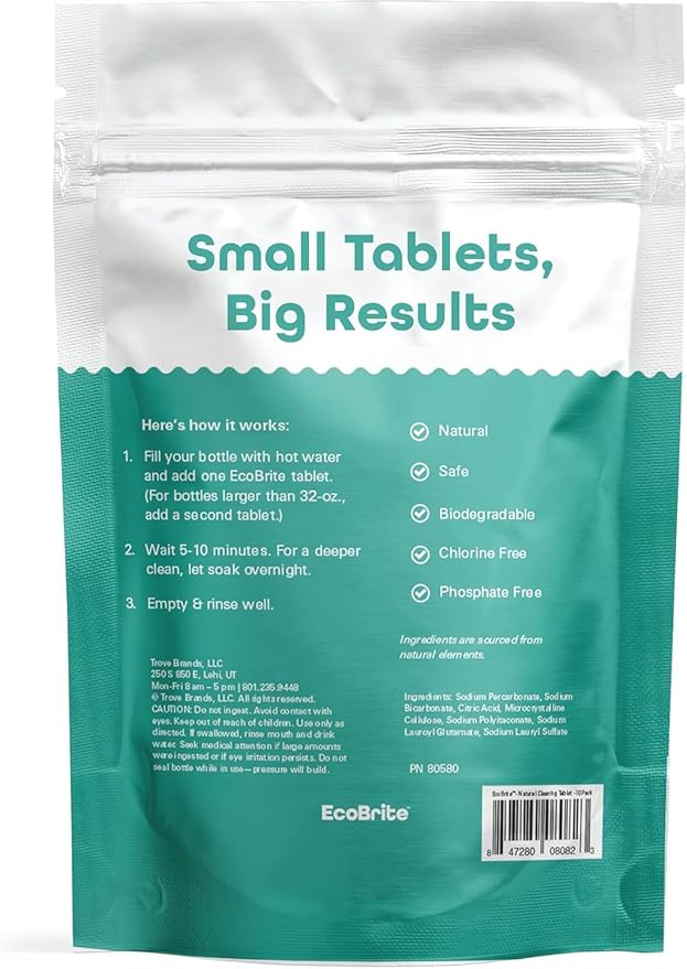 Owala EcoBrite All Natural, Powerful Cleaning Tablets, Cleans Stainless Steel, Tumbler, Insulated, Reusable, and Plastic Water Bottles, Chlorine and Phosphate Free (Pack of 10)
