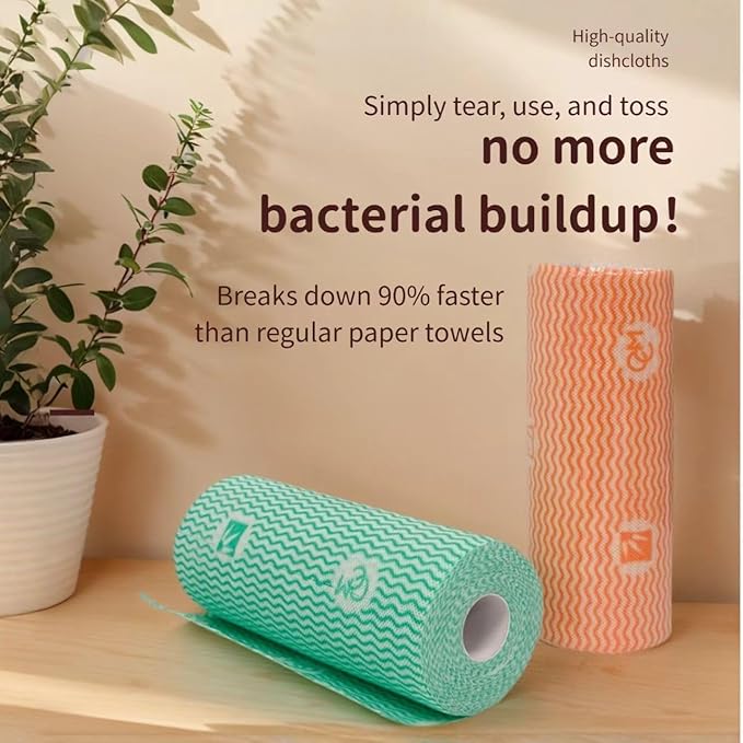 Lazy Cleaning Cloths, Multipurpose Kitchen Towels, Reusable Dish Rags, Dry/Wet Use for Dishware, Countertops, Stove, Camping, RVs, (9.45"*11.81") 55 Tearable Sheets/Roll (Orange)