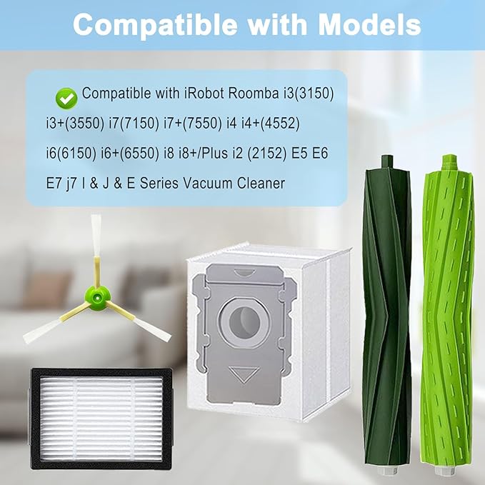 Replacement Parts Accessories for iRobot Roomba i3 i3+ i7 i7+ i4+ i5 i5+ j5 j5+ i6 i6+ i8 i8+ i2 J7 E5 E6 E7 I&J&E Series Vacuum Cleaner,1 Roller Brushes,4 Filters,4 Side Brushes,6 Dust Bags
