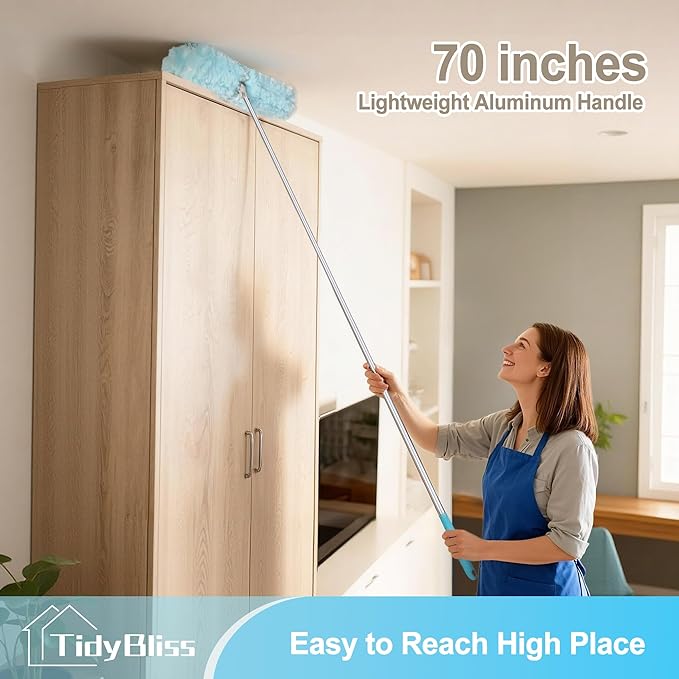 TidyBliss 6 ft Extendable Dusters for Cleaning Compatible with Swiffer, Super Long Handle Dusting Wand Kit with 10 Refills, 360 Degree Heavy Duty Microfibers Dust Removing Tool for Ceiling Fan Wall
