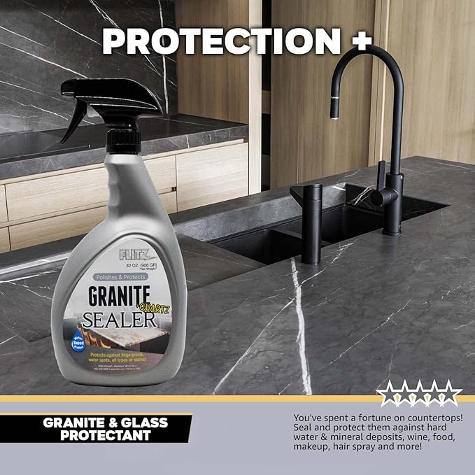 Flitz Granite Sealer (+ Quartz) - 32oz Bottle of USA-Made Quartz Sealer for Countertops, Glass, & More - Food Safe Marble Sealant that Shields Against Hard Water Stains, Mineral Deposits, Oil (1 Pack)