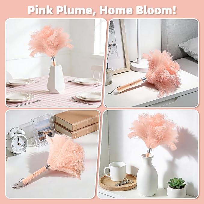 Pink Ostrich Feather Duster with Wooden Handle, 13.5 inch Natural Fluffy Cleaning Tool for Dusting Home, Car, Delicate Surfaces, Reusable Decorative Duster for Ledges, Blinds & Stylish Home Decor