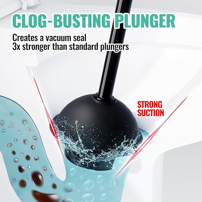 4PACK 3 in 1 Toilet Brush and Plunger Set with Crevice Cleaning Brush, Toilet Plunger and Brush Set with Extra Long Handle, Plungers for Bathroom Accessories, Abrasive Spiral Brushes, Black